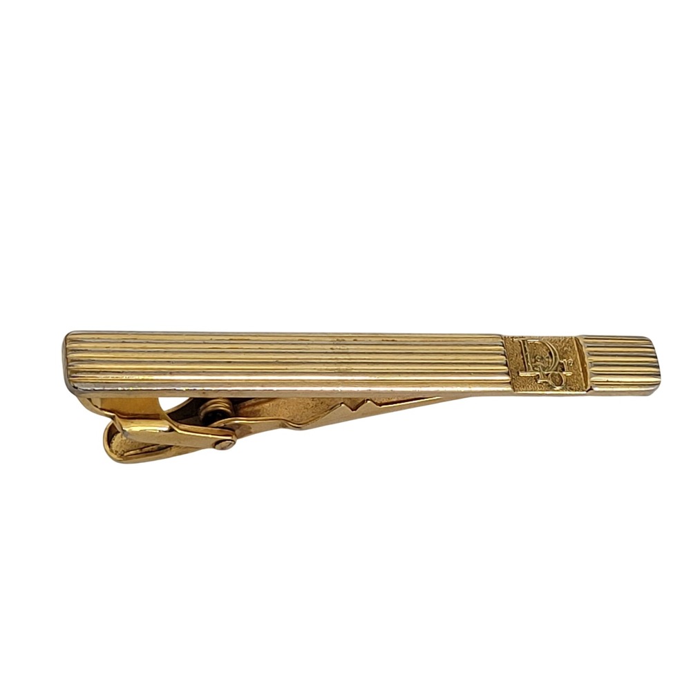 Christian Dior Vintage Gold Tone Ribbed Tie Bar Clip CD Logo Germany 2 Inch